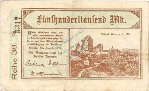 Lennep , Banknote 500.000 Mark Schein gbr. Keller 3215.f , Rheinland 1923 Inflation