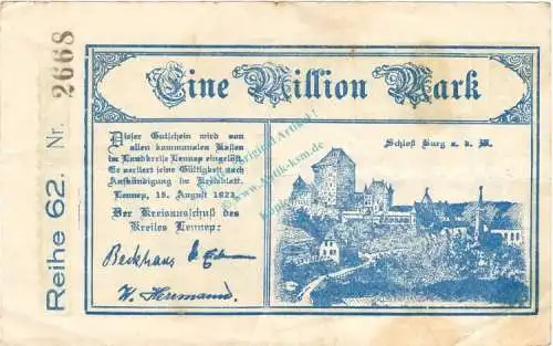 Lennep , Banknote 1 Million Mark Schein gbr. Keller 3215.f , Rheinland 1923 Inflation