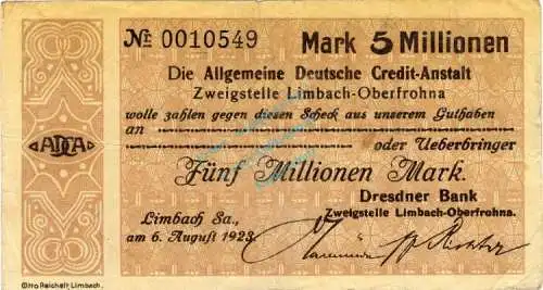 Limbach , Banknote 5 Millionen Mark Schein gbr. Bühn 4727.16 , Sachsen 1923 Inflation