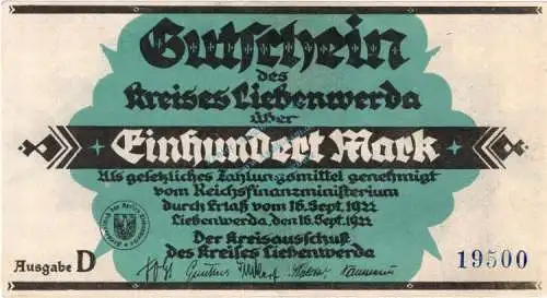 Liebenwerda , Banknote 100 Mark Schein unc-kfr. Müller 2720.6 , Brandenburg 1922 Inflation