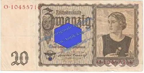 Reichsbanknote , 20 Mark Tirolerschein gbr.4 , DEU-215, Ros.178, P.185 , vom 16.06.1939 , drittes Reich - Reichsbank