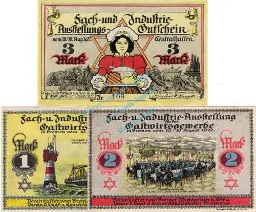 Bremen , Notgeld Set mit 3 Scheinen in kfr. M-G 168.1 , Bremen 1922 Seriennotgeld