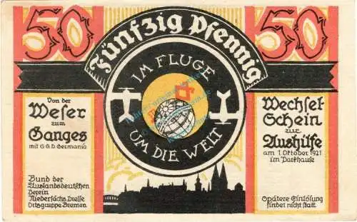 Bremen , Notgeld 50 Pfennig Schein in kfr. M-G 164.1 , Bremen 1921 Seriennotgeld