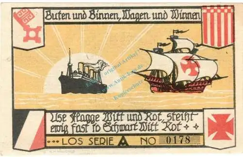 Bremen , Notgeld 50 Pfennig Schein in kfr. M-G 164.1 , Bremen 1921 Seriennotgeld
