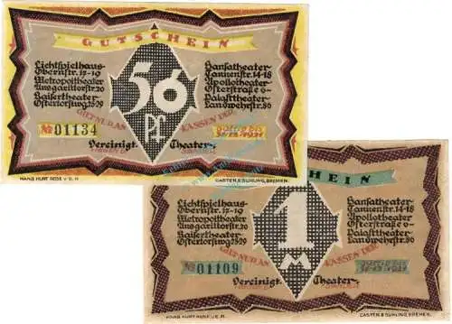 Bremen , Notgeld Set mit 2 Scheinen L-gbr. M-G 181.1 , Bremen o.D. Seriennotgeld
