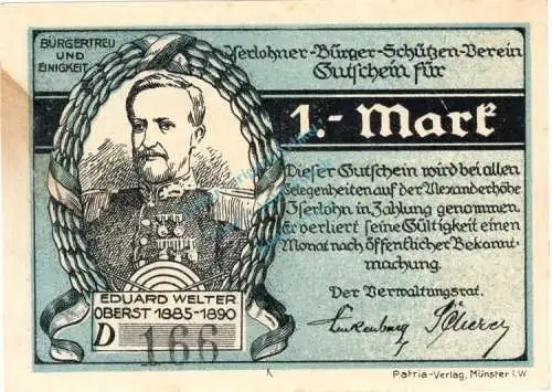 Iserlohn , Notgeld 1 Mark Schein gbr. M-G 646.1 , Westfalen o.D. Seriennotgeld