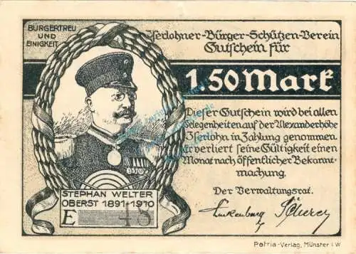 Iserlohn , Notgeld 1,50 Mark Schein gbr. M-G 646.1 , Westfalen o.D. Seriennotgeld