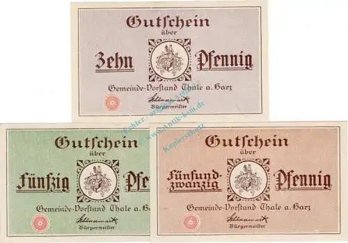 Thale , Notgeld Set mit 3 Scheinen unc-kfr. M-G 1320.3.a , Sachsen Anhalt 1917 Seriennotgeld