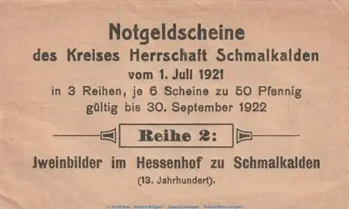 Notgeld Schmalkalden , Umschlag Serie 2 , Verkaufsverpackung zu Mehl Grabowski 1184.2 , von 1921 , Thüringen Seriennotgeld