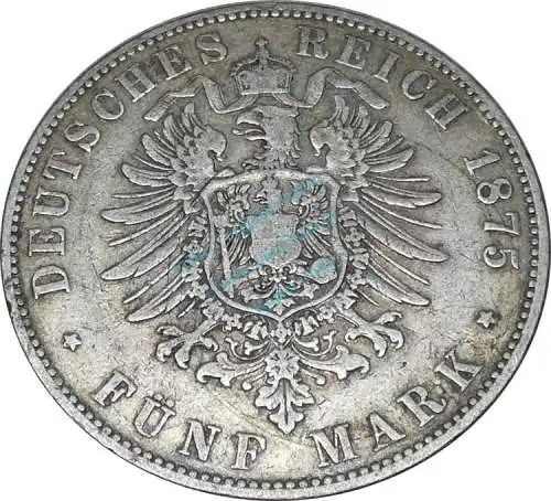 5 Mark Münze 1875 E -Albert König von Sachsen 1873 bis 1902- , s-ss , J.122 -0636