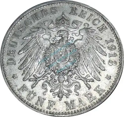 5 Mark Münze 1913 F -Königreich Württemberg- Wilhelm II. ss-vz , J.176 -0637
