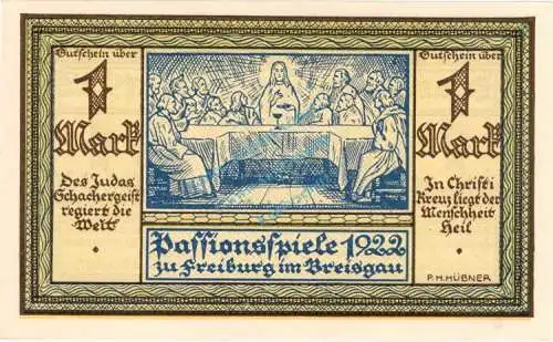 Freiburg , Notgeld 1 Mark Schein -C- unc-kfr. M-G 381.1 , Baden 1922 Seriennotgeld