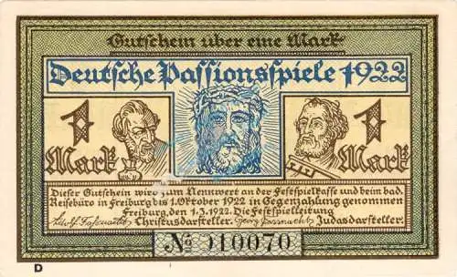 Freiburg , Notgeld 1 Mark Schein -D- unc-kfr. M-G 381.1 , Baden 1922 Seriennotgeld
