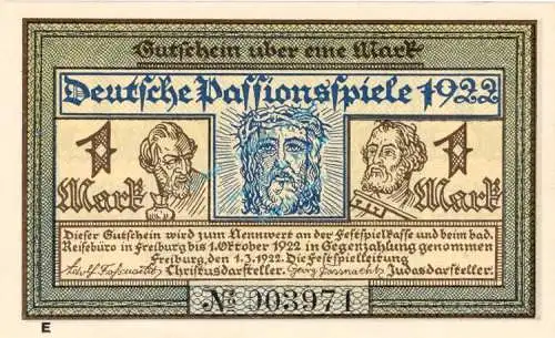 Freiburg , Notgeld 1 Mark Schein -E- unc-kfr. M-G 381.1 , Baden 1922 Seriennotgeld