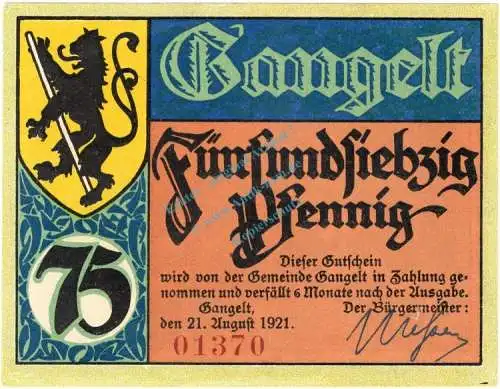 Gangelt , Notgeld 75 Pfennig Schein Nr.3 unc-kfr. M-G 406.1 , Westfalen 1921 Seriennotgeld