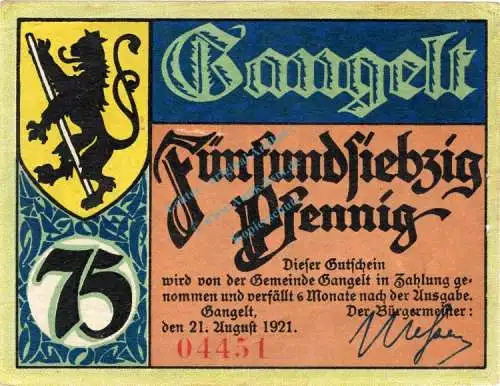 Gangelt , Notgeld 75 Pfennig Schein Nr.2 unc-kfr. M-G 406.1 , Westfalen 1921 Seriennotgeld