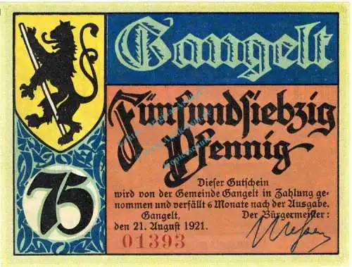 Gangelt , Notgeld 75 Pfennig Schein Nr.1 unc-kfr. M-G 406.1 , Westfalen 1921 Seriennotgeld