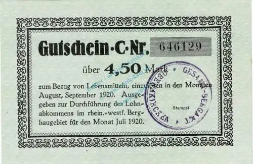 Obernkirchen , Notgeld 4,50 Mark Schein unc-kfr. Ti.5280.05.05 , Niedersachsen 1920 Verkehrsausgabe