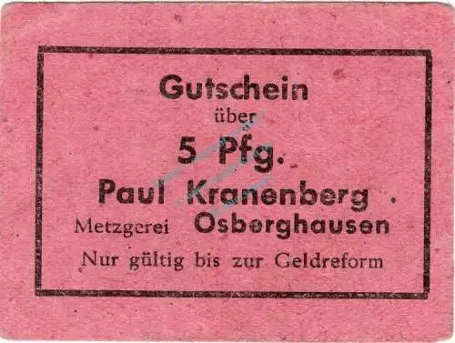 Osberghausen , Notgeld 5 Pfennig Schein unc-kfr. Schöne 3391.b , Westfalen o.D. Notgeld 1945-48
