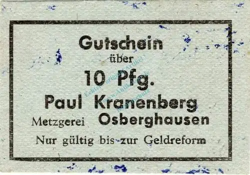 Osberghausen , Notgeld 10 Pfennig Schein unc-kfr. Schöne 3382 , Westfalen o.D. Notgeld 1945-48