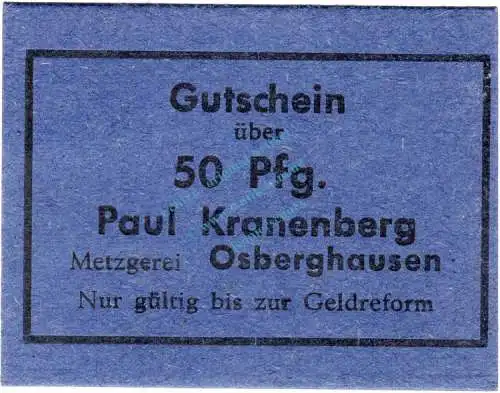 Osberghausen , Notgeld 50 Pfennig Schein unc-kfr. Schöne 3385 , Westfalen o.D. Notgeld 1945-48