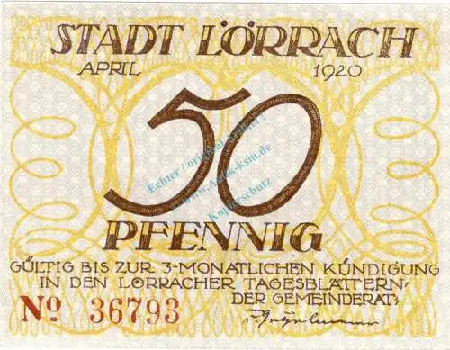 Lörrach , Notgeld 50 Pfennig Schein unc-kfr. Ti.4190.05.01 , Baden 1920 Verkehrsausgabe