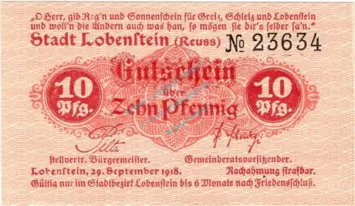 Lobenstein , Notgeld 10 Pfennig Schein unc-kfr. Ti.4160.05.01 , Thüringen 1918 Verkehrsausgabe