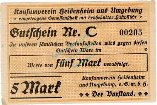 Heidenheim , Notgeld 5 Mark Schein unc-kfr. Ti.2860.10.03 , Württemberg o.D. Verkehrsausgabe