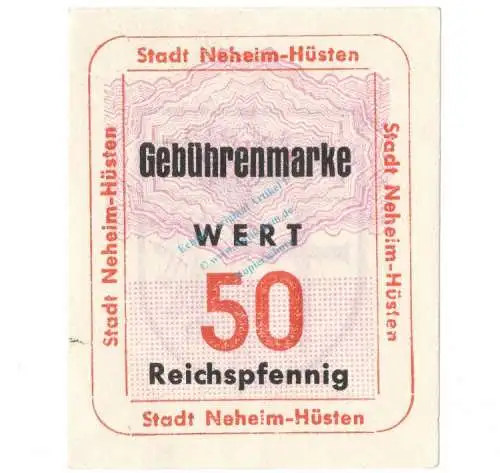 Neheim Hüsten , Notgeld 50 Pfennig Schein unc-kfr. Topp 668.3 , Westfalen 1947 Notgeld 1945-48