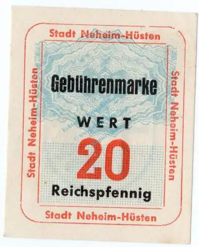 Neheim Hüsten , Notgeld 20 Pfennig Schein unc-kfr. Schöne 493 , Westfalen o.D. Notgeld 1945-48