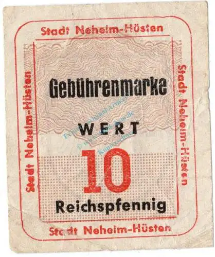 Neheim Hüsten , Notgeld 10 Pfennig Schein gbr. Schöne 492 , Westfalen o.D. Notgeld 1945-48