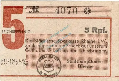Rheine , Notgeld 5 Pfennig Schein L-gbr. Schöne 0511 , Westfalen 1947 Notgeld 1945-48
