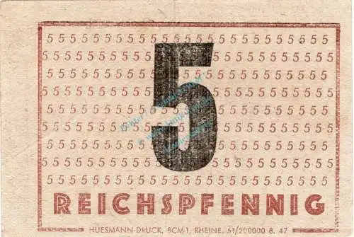 Rheine , Notgeld 5 Pfennig Schein L-gbr. Schöne 0511 , Westfalen 1947 Notgeld 1945-48