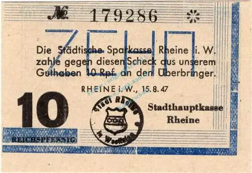 Rheine , Notgeld 10 Pfennig Schein unc-kfr. Schöne 0512 , Westfalen 1947 Notgeld 1945-48