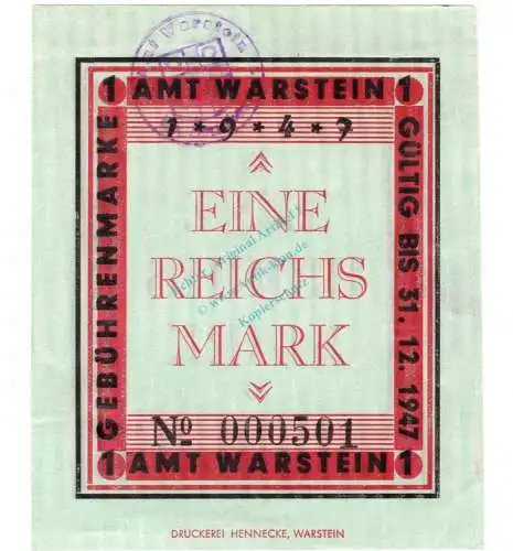 Warstein Amt , Notgeld 1 Reichsmark --Stpl-- unc-kfr. Topp 875.4.b , Westfalen o.D. Notgeld 1945-48