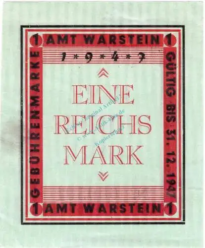 Warstein Amt , Notgeld 1 Reichsmark --Stpl-- unc-kfr. Topp 875.4.b , Westfalen o.D. Notgeld 1945-48