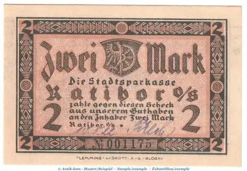 Notgeld Sparkasse Ratibor 1100.1 , 2 Mark Schein mit -Dat.+Us.- in kfr. von 1922 , Oberschlesien Seriennotgeld