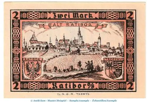 Notgeld Sparkasse Ratibor 1100.1 , 2 Mark Schein mit -Dat.+Us.- in kfr. von 1922 , Oberschlesien Seriennotgeld