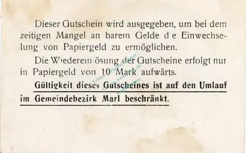 Marl , Notgeld 3 Mark Schein kfr.fleckig Dießner 222.3.b , Westfalen o.D. Notgeld 1914-15