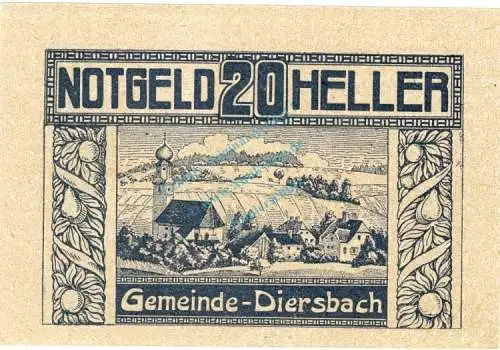 Diersbach , Notgeld 20 Heller -Gem.Stpl- in kfr. K-K 122.d , Notgeld 1920 Oberösterreich