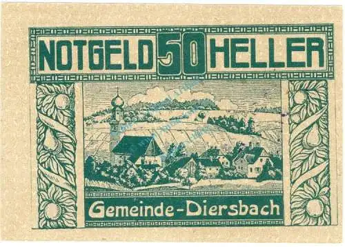 Diersbach , Notgeld 50 Heller -Gem.Stpl- in kfr. K-K 122.d , Notgeld 1920 Oberösterreich