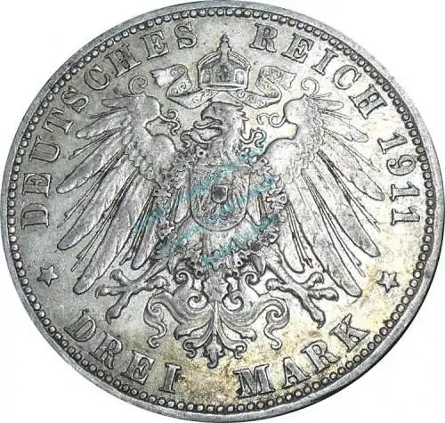 3 Mark Münze 1911 J -freie und Hansestadt Hamburg- ss-vz , J.64 -0640