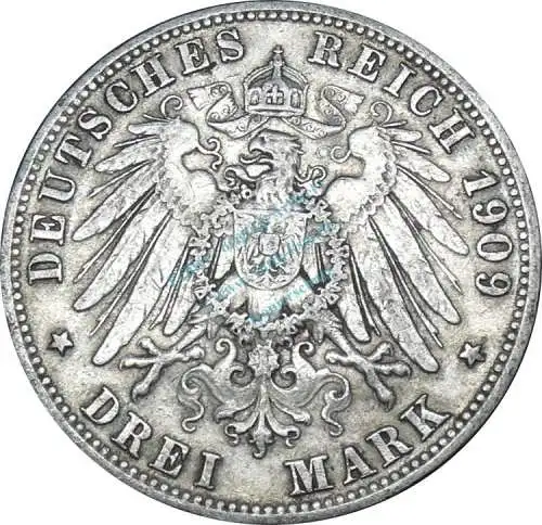 3 Mark Münze 1909 F -Wilhelm II König von Württemberg 1891-1918- , ss-vz , J.175 -0647