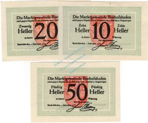 Bischhofshofen , Notgeld Set mit 3 Scheinen unc-kfr. K-K 88.a , Salzburg 1920 Österreich