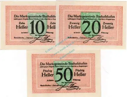 Bischhofshofen , Notgeld Set mit 3 Scheinen unc-kfr. K-K 88.b , Salzburg 1920 Österreich