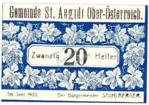 St.Aegidi , Notgeld 20 Heller -Etikett- in kfr. K-K S875.VI.a , Notgeld 1920 Oberösterreich