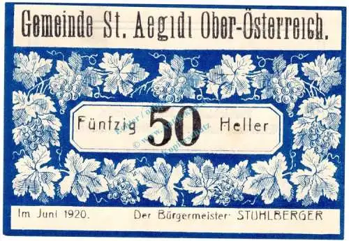 St.Aegidi , Notgeld 50 Heller -Etikett- in kfr. K-K S875.VI.a , Notgeld 1920 Oberösterreich