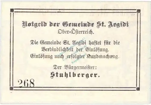 St.Aegidi , Notgeld 50 Heller -Etikett- in kfr. K-K S875.VI.a , Notgeld 1920 Oberösterreich