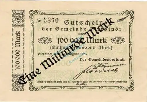Bierstadt , Überdruck 1 Milliarde Mark Schein unc-kfr-. Keller 420.... Hessen 1923 Inflation