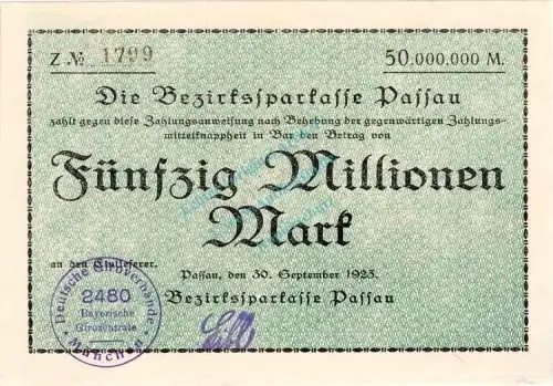 Passau , Banknote 50 Millionen Mark Schein unc-kfr. Keller 4249.h-i , Bayern 1923 Inflation